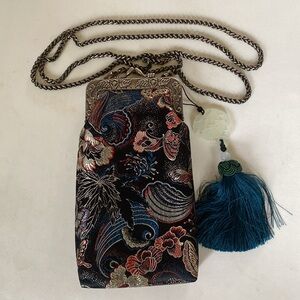 Brocade Silk Purse With Tassel, Kiss Lock & Metal Crossbody Belt